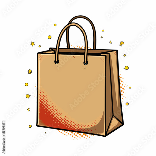 Isolated paper bag with handles, a recyclable container, a grocery carrier. Paper bag graphic features a tan paper bag with red halftone shadow and small stars.