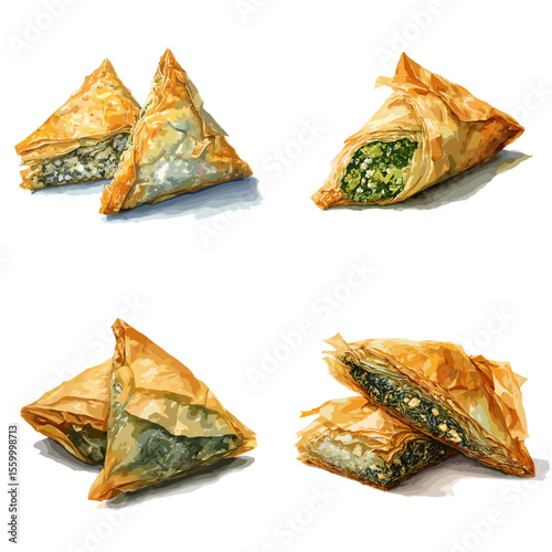 Illustration of golden crispy triangle pastries filled with spinach and cheese, perfect for Mediterranean food visuals, bakery content, or snack menu designs.

