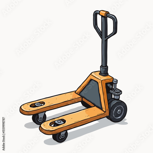 Pallet jack wheel illustration with orange pallet and smooth black wheels. Pallet jack wheel depicts a detailed industrial tool, showing mechanical components and practical engineering.