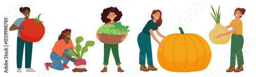 Vector illustration depicting cheerful characters holding huge vegetables such as tomatoes, radishes, lettuce, pumpkin and onions. The scene reflects creativity and diversity in agriculture.