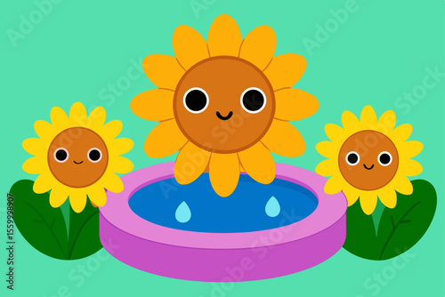 garden with sunflowers bubbling fountain summer