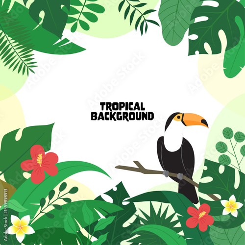 Tropical Jungle Background with Toucan and Exotic Plants