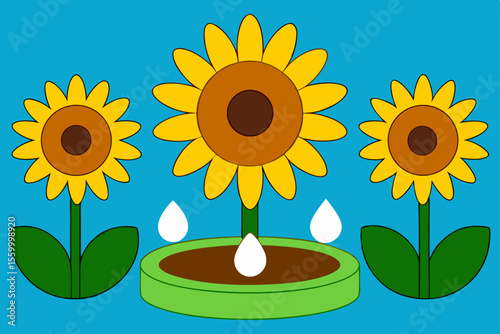 garden with sunflowers small fountain outdoor scene