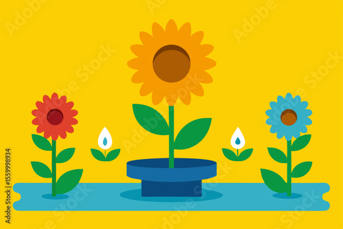 garden with sunflowers bubbling water feature bright