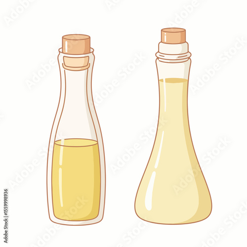 Olive oil set featuring elegant glass bottles with cork stoppers displayed against a plain backdrop, showcasing essential culinary oils. Olive oil set presents golden liquid in refined containers,