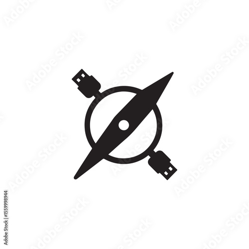 A black and white graphic of a compass with usb connectors on either side of it