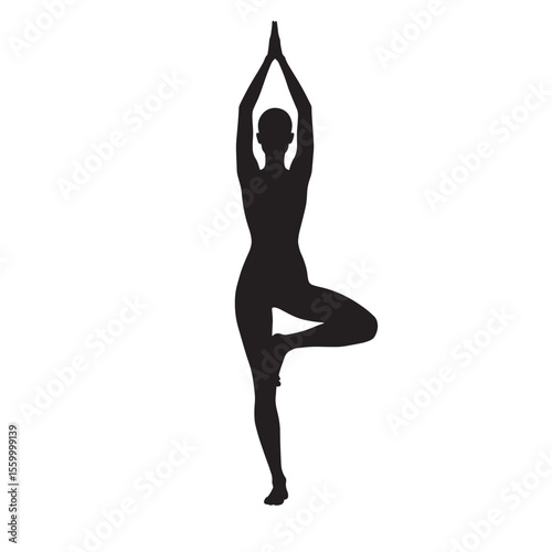 Black Silhouette Vector of Woman Standing in Yoga Tree Pose for Fitness and Balance on White Background Full HD