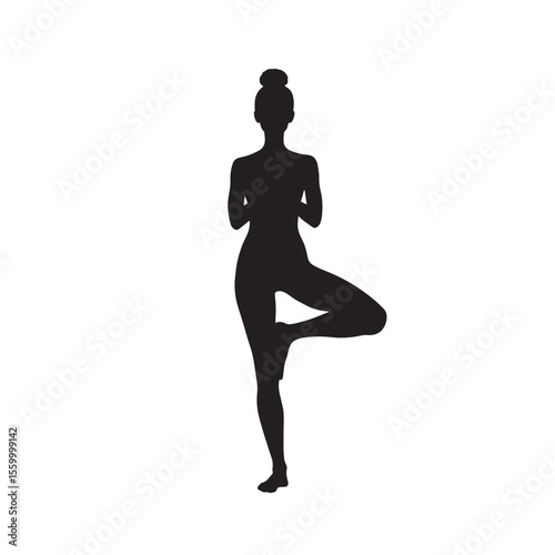 Black Silhouette Vector of Woman Standing in Yoga Tree Pose for Fitness and Balance on White Background Full HD