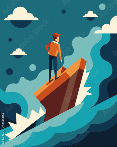 A figure standing on a sinking ship surrounded by a towering wall of stress water that threatens to swallow them whole.. Vector illustration