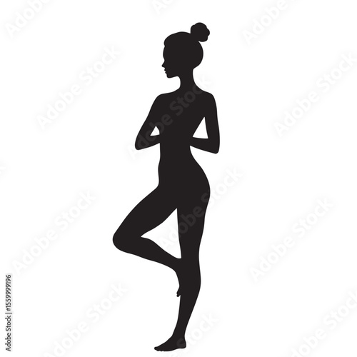 Black Silhouette Vector of Woman Standing in Yoga Tree Pose for Fitness and Balance on White Background Full HD