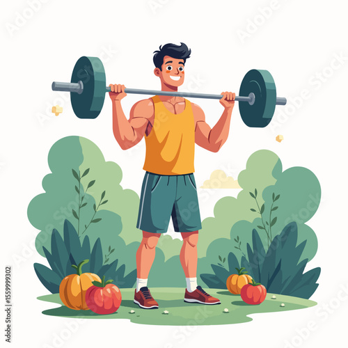 Man lifting weights outdoors showcasing strength and fitness. Man lifting weights outdoors amid a natural setting of trees and pumpkins, demonstrating athletic prowess.
