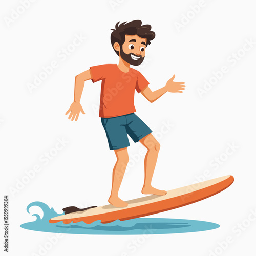 Man balancing on paddleboard on calm water, depicted with a happy expression. Paddleboard, buoyant in water, creates sense of summer fun and active lifestyle.