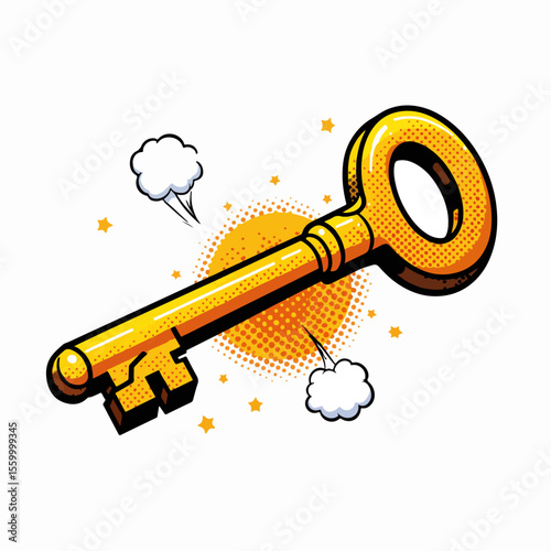 Golden manhole key on white, with star accents, stands out, highlighting its unique design. Golden manhole key drawing with halftone background brings attention to its shape and construction.