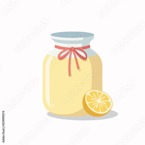 Lemon jar with sliced citrus and tied ribbon, refreshing drink in bottle. Sweet and sour lemon jar for healthy beverage and fruit. Decorative lemon jar illustration perfect for web design.