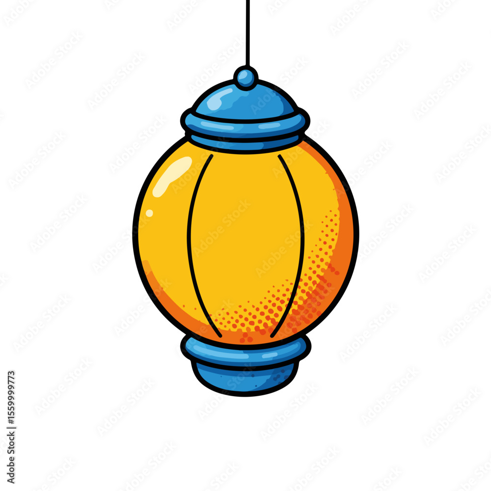 Fototapeta premium Hanging lantern, a round paper lantern with blue cap and base on white background. Colorful lantern shines with warm light. Decorative lantern, ideal for vector art and graphic design projects.