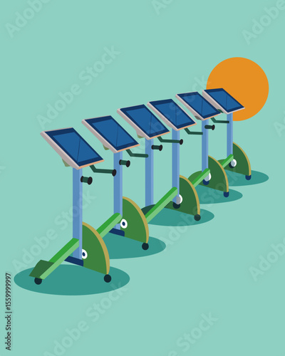 A row of outdoor elliptical bikes each connected to a solar panel canopy allowing users to exercise in the shade while still harnessing solar power.. Vector illustration