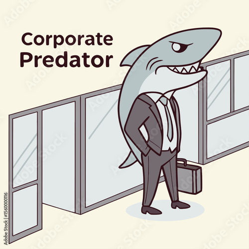 Cartoon shark stands inside cubicle wearing business suit and carrying briefcase