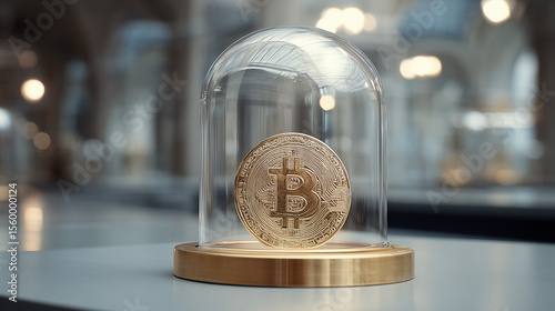 The Value and Rarity of Bitcoin: A conceptual image of a Bitcoin displayed under a glass cloche, symbolizing its importance and status.