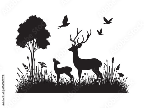 Deer Family Silhouette in Grass, Black and White Wildlife Illustration with Antlered Buck and Fawns