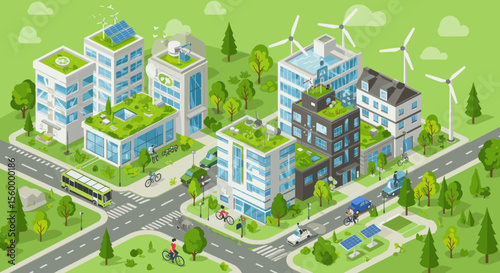 This vector image showcases a green, sustainable urban city.