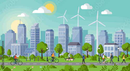 The skyline is filled with modern buildings, and the city is powered by renewable energy, as evidenced by the wind turbines and solar panels. 