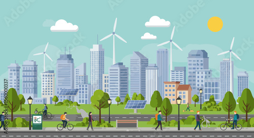 This vector image showcases a green, sustainable urban city.