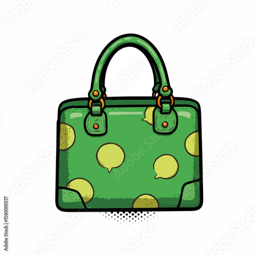 Green bag illustration with polka dots, an eye-catching accessory. This green bag features a unique polka dot design and sturdy handles for daily use.