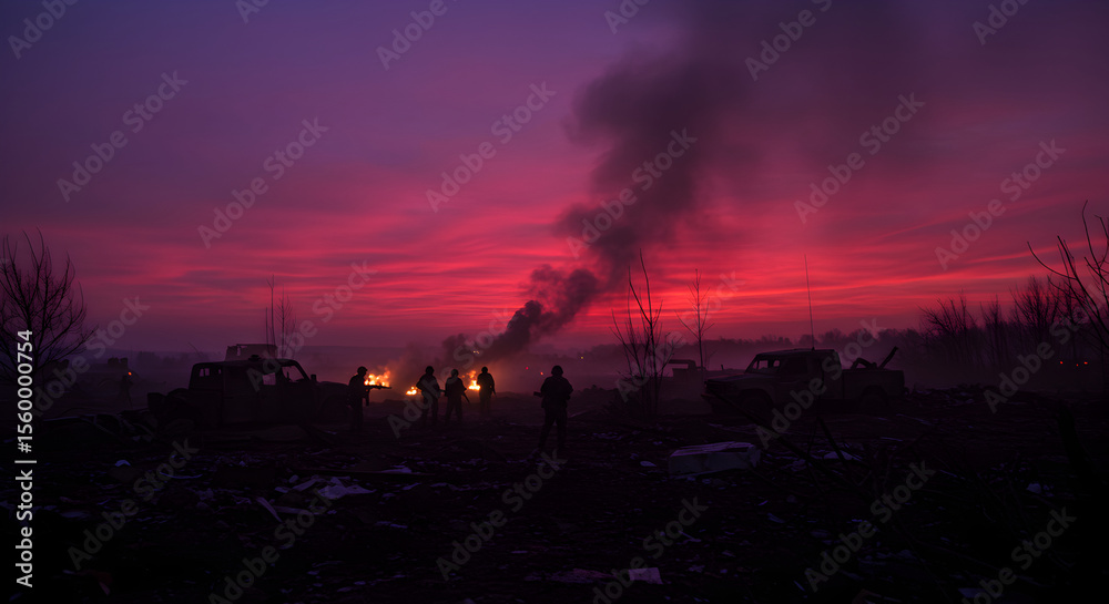 Naklejka premium Crimson Conflict: Soldiers Silhouetted Against a Burning Sky