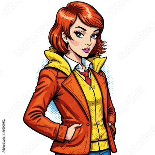 Red haired girl in jacket with hands in pockets, looking cute and stylish. Girl in jacket showcases a vibrant orange coat over yellow, reflecting modern street style.