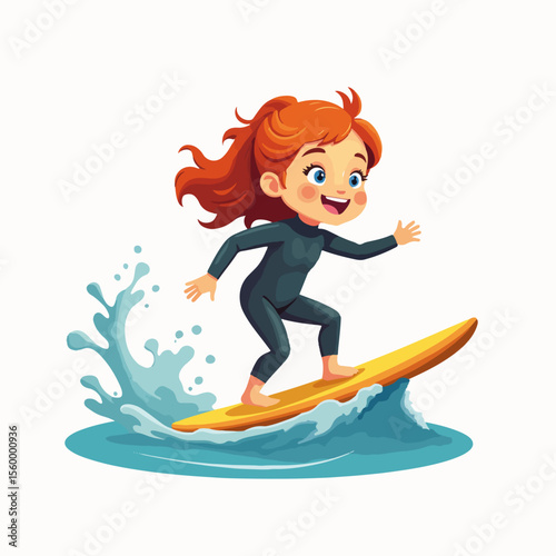 Girl surfing in wetsuit on yellow board, balancing on water, action shot. Girl surfing in wetsuit depicts a cartoon character enjoying ocean sport, catching wave with splashing water.