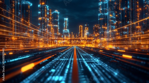 Futuristic city skyline with neon lights and data stream concept