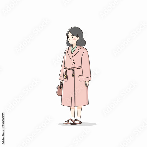 Girl in coat with bob haircut and handbag stands alone, waiting, anticipating. Girl in coat dons elegant pink overcoat tied at waist with a belt, bag over shoulder.