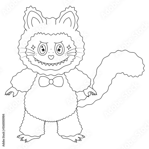 Cat with a bow tie. Cute toothy kitten with a heart-shaped nose. Sketch. Vector illustration. Outline on an isolated white background. Doodle style. Fluffy baby with glitter in his eyes. Coloring book