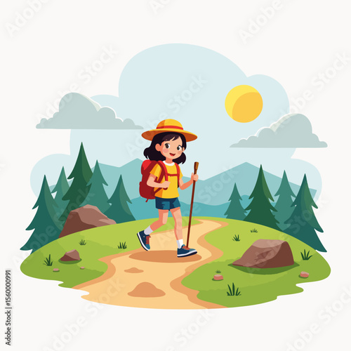 Girl hiking summer trail shows young explorer on outdoor adventure. Girl hiking summer trail under sunny sky, surrounded by lush trees and mountain range.