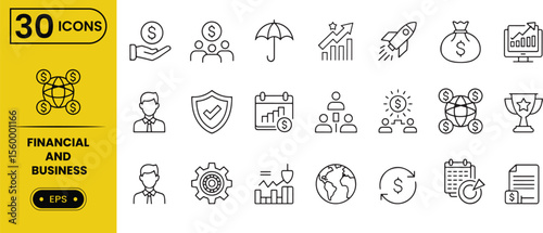 Extensive collection of 30 financial and business line icons, covering investment, growth, analytics, and management concepts