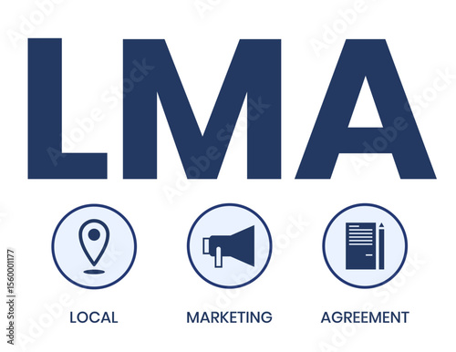 LMA - Local Marketing Agreement acronym, business concept. word lettering typography design illustration with line icons and ornaments. Internet web site promotion concept vector layout