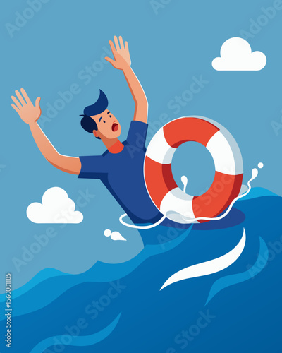 A drowning man reaching out for a lifebuoy struggling to stay afloat amidst a sea of negative opinions.. Vector illustration