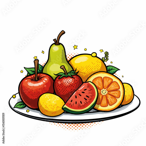 Delightful fruit still life on white plate featuring an apple, pear, strawberry, and watermelon, a vibrant composition. Fruit still life showcases orange and lemon, an attractive setup. 