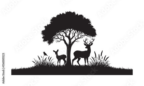 Deer Family Silhouette in Grass, Black and White Wildlife Illustration with Antlered Buck and Fawns