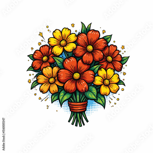 Vibrant flower bouquet artwork featuring cheerful blooms and lively foliage, a colorful flower bouquet is ready to brighten any space.