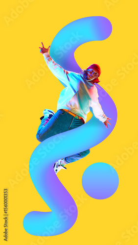 Person jumping energetically amidst vibrant 3D gradient elements against a yellow background. Concept of hip hop culture visualized for high-impact promotion, youth identity. Bold poster, flyer