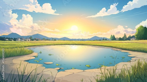 Serene anime lake at sunset, vibrant reflections on calm water, ideal for promotional content and creative projects