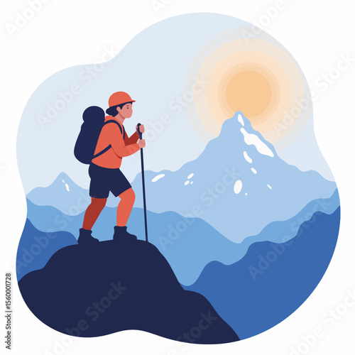 Flat vector displays hiker standing on peak, achieving summit, with trekking pole and mountainous background. Flat vector illustration of hiker in the outdoors shows climber standing at mountain peak,