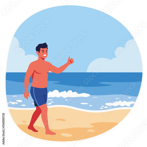 Man enjoying beach wind with a cheerful expression near sea, walking barefoot on sand. Man enjoying beach wind with blue water and clouds, expressing positive vibes with hand gesture.