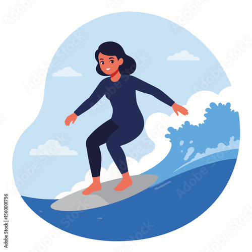Flat vector, girl surfing in wetsuit on ocean wave, enjoying summer activity. Flat vector, girl surfing with freedom and skill, riding on sea wave with clouds in background. Use this flat vector,