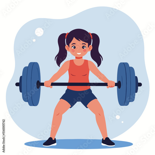 Flat vector girl training with resistance weights for strength. This flat vector scene features girl training, lifting barbell with effort, showing her dedication to fitness.
