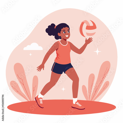 Flat vector illustration of girl passing volleyball, sporty female athlete. Flat vector volleyball play shows athlete in motion, girl is passing ball with smile and active pose.