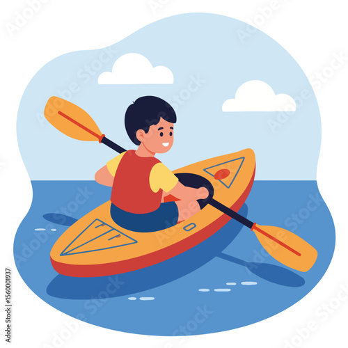 Boy steering inflatable kayak on blue water background, summer adventure. Boy steers kayak with orange paddle on open waters.
