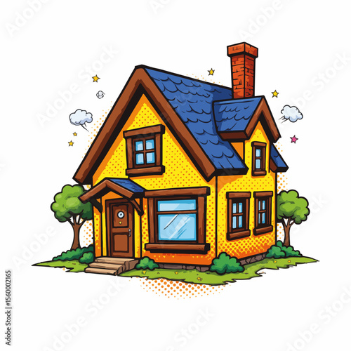 Fantasy house illustration showing storybook cottage with colorful details and simple style, ideal for children's books and design. Fantasy house features a charming, whimsical appearance,