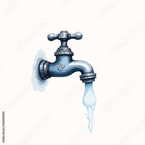Faucet aerator illustrated with vintage tap and flowing water. Faucet aerator graphic includes shiny metal fixture, showing freshwater usage and conservation.